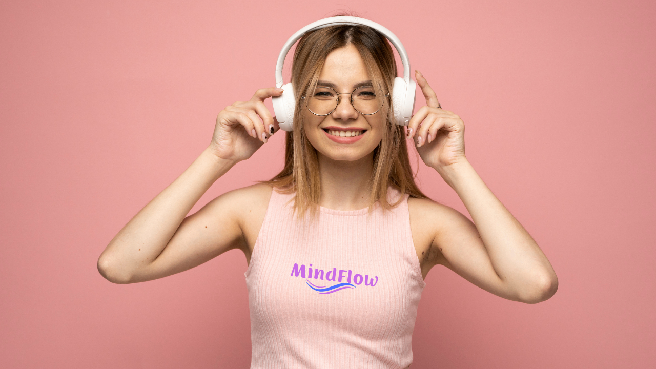 Mulher em estado de calma usando o MindFlow com fones de ouvido